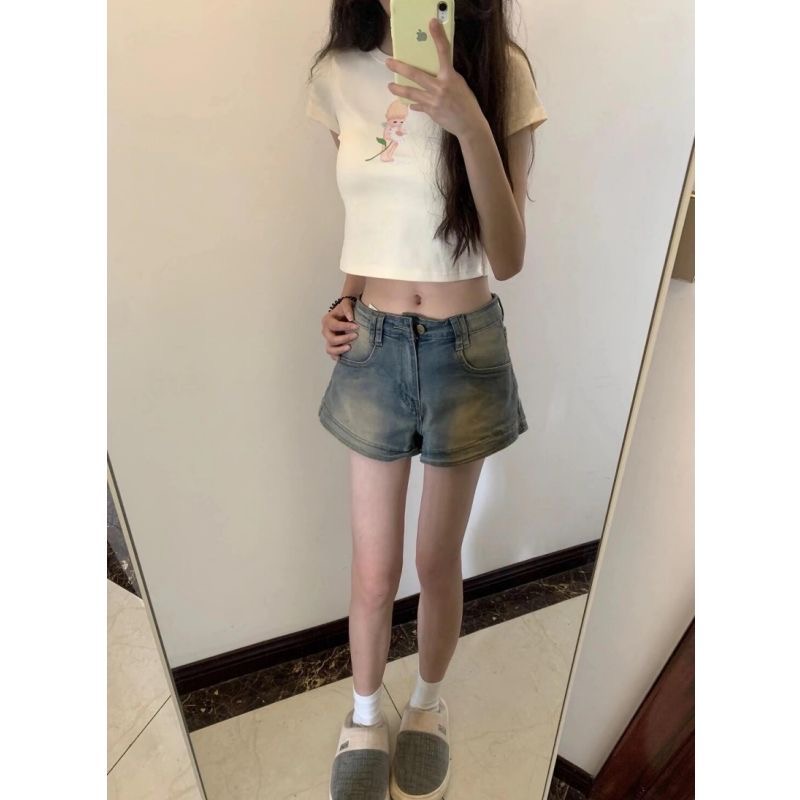 小個子美式復古高街牛仔短褲女夏季薄款辣妹高腰顯瘦做舊a字熱褲