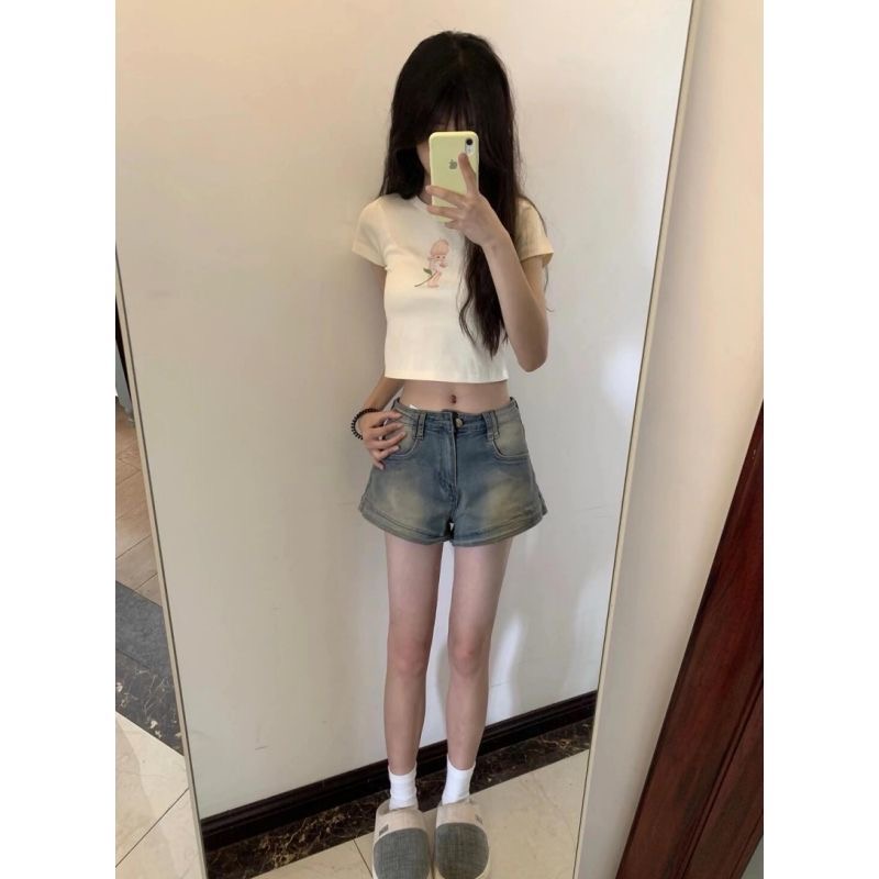 小個子美式復古高街牛仔短褲女夏季薄款辣妹高腰顯瘦做舊a字熱褲