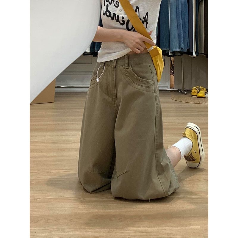 小個子美式復古卡其色闊腿七分牛仔褲女夏季新款高腰百搭直筒中褲