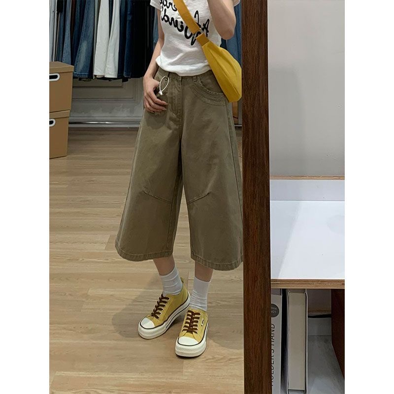 小個子美式復古卡其色闊腿七分牛仔褲女夏季新款高腰百搭直筒中褲