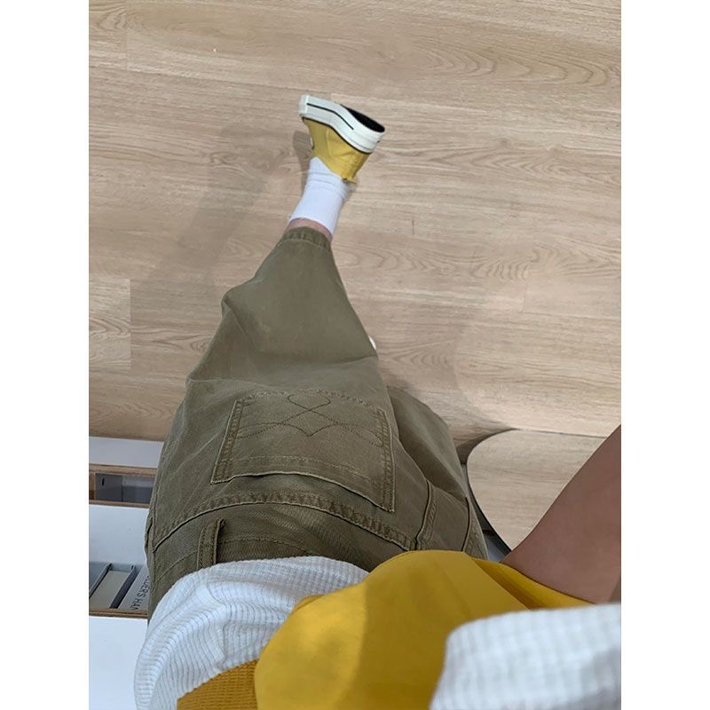 小個子美式復古卡其色闊腿七分牛仔褲女夏季新款高腰百搭直筒中褲