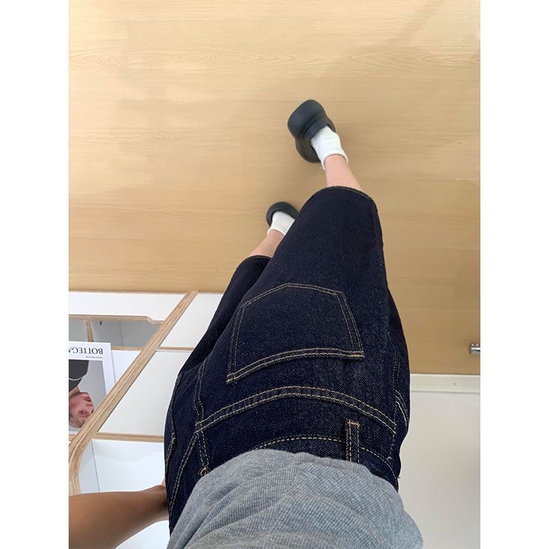小個子美式復古深藍色闊腿牛仔短褲女夏季高腰寬松顯瘦七分中褲子