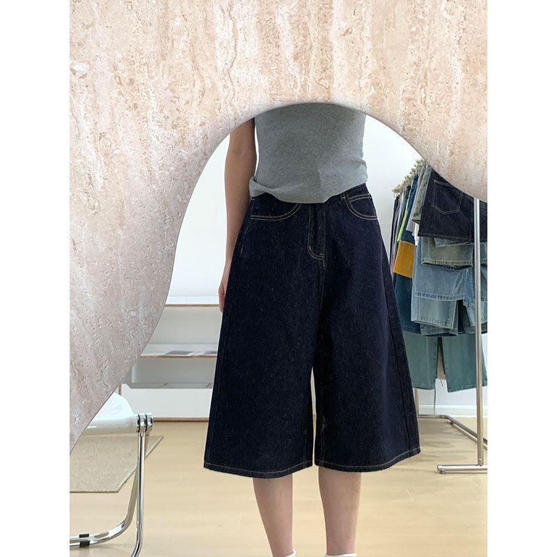 小個子美式復古深藍色闊腿牛仔短褲女夏季高腰寬松顯瘦七分中褲子