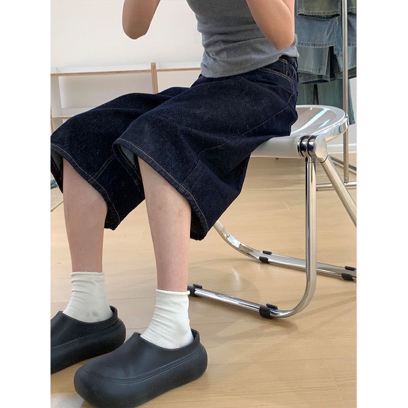 小個子美式復古深藍色闊腿牛仔短褲女夏季高腰寬松顯瘦七分中褲子