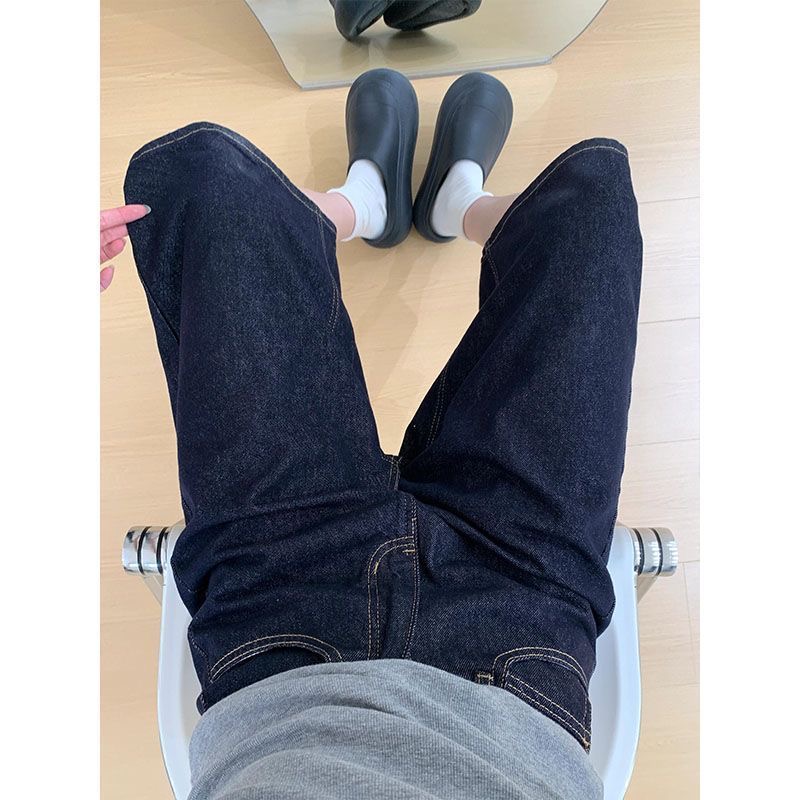 小個子美式復古深藍色闊腿牛仔短褲女夏季高腰寬松顯瘦七分中褲子