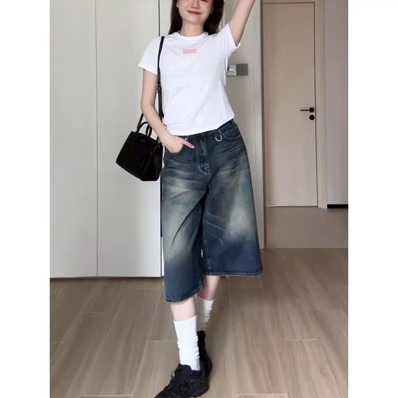 小個子美式復古水洗直筒七分牛仔短褲女夏季高腰闊腿寬松百搭中褲