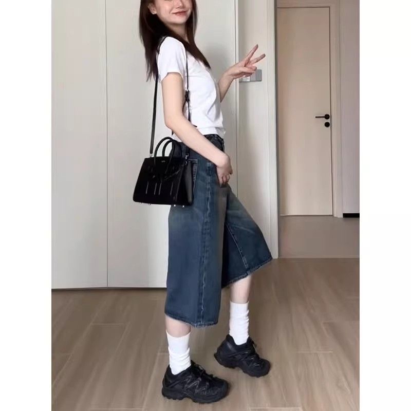 小個子美式復古水洗直筒七分牛仔短褲女夏季高腰闊腿寬松百搭中褲