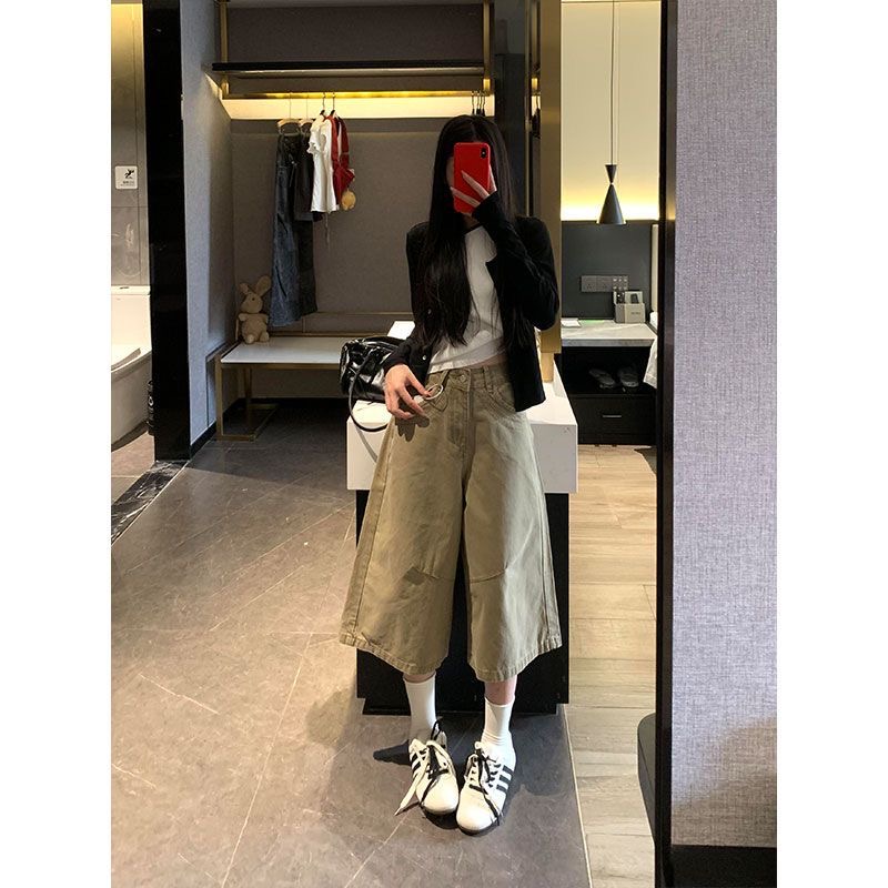小個子美式復古卡其色闊腿七分牛仔褲女夏季新款高腰百搭直筒中褲