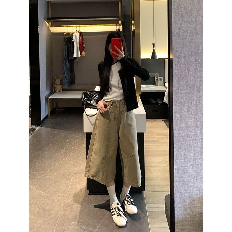 小個子美式復古卡其色闊腿七分牛仔褲女夏季新款高腰百搭直筒中褲