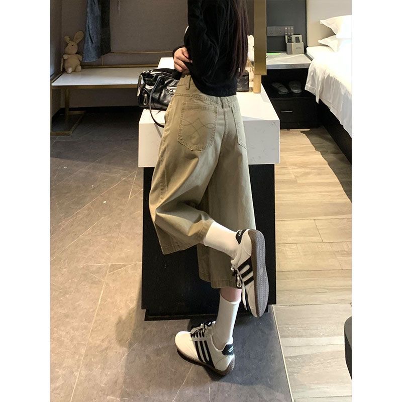 小個子美式復古卡其色闊腿七分牛仔褲女夏季新款高腰百搭直筒中褲
