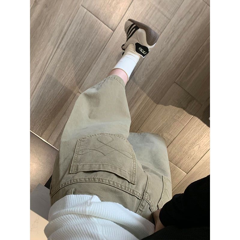 小個子美式復古卡其色闊腿七分牛仔褲女夏季新款高腰百搭直筒中褲