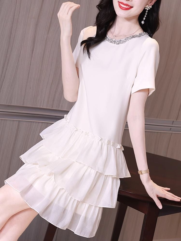 MY7854# 钉珠圆领连衣裙女夏季新款女装时尚高级感气质荷叶边蛋糕裙女裝貨源服裝批發