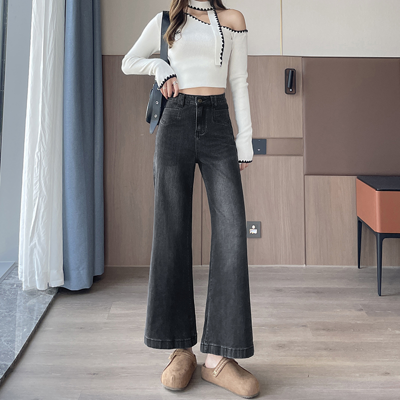 實拍2025年秋季小個子彈力煙灰色牛仔褲女闊腿褲喇叭褲寬松型舒適