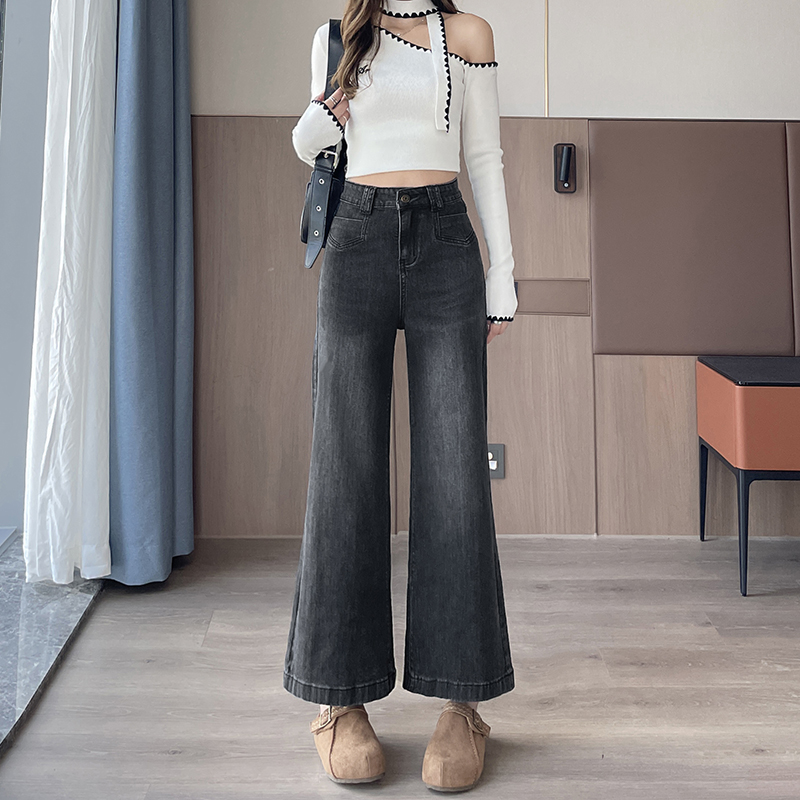 實拍2025年秋季小個子彈力煙灰色牛仔褲女闊腿褲喇叭褲寬松型舒適