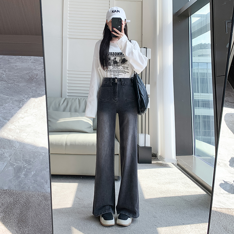 實拍2025年冬季加絨小個子彈力牛仔褲女微喇寬松黑灰色兩粒扣