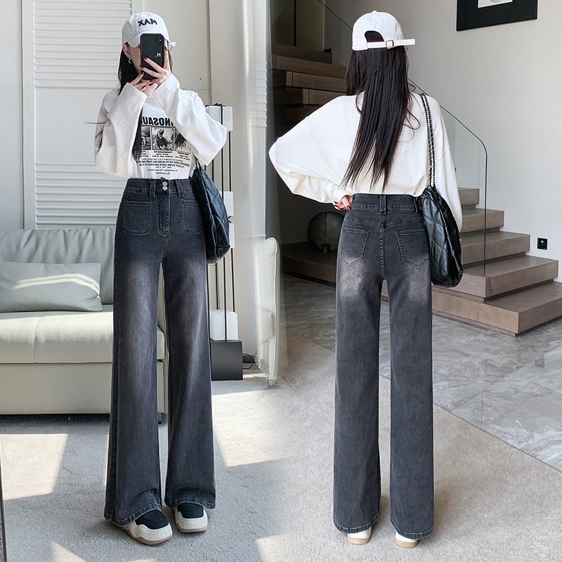 實拍2025年冬季加絨小個子彈力牛仔褲女微喇寬松黑灰色兩粒扣