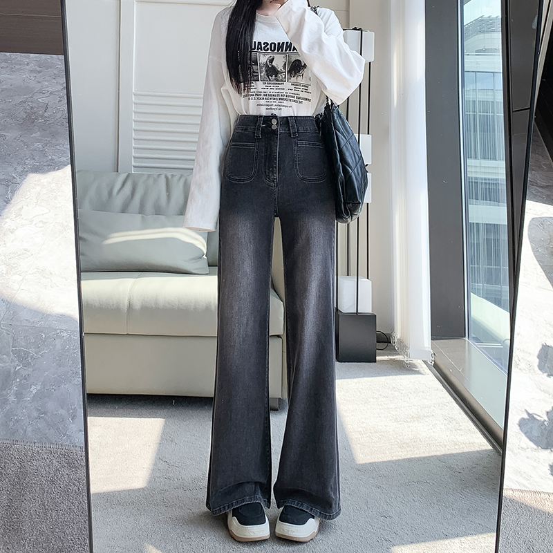 實拍2025年冬季加絨小個子彈力牛仔褲女微喇寬松黑灰色兩粒扣