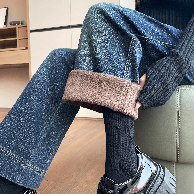 實拍2025冬季加絨小個子彈力牛仔褲女高腰直筒褲顯瘦九分褲145