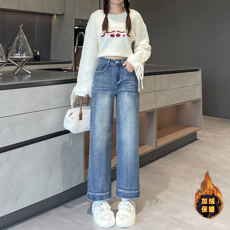 實拍2025冬季加絨小個子彈力刺繡牛仔褲女高腰直筒褲九分褲145