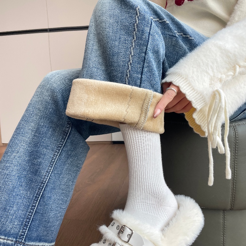 實拍2025冬季加絨小個子彈力刺繡牛仔褲女高腰直筒褲九分褲145