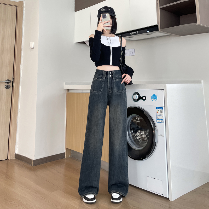 實拍2026春季小個子牛仔褲女高腰窄版闊腿褲直筒褲九分