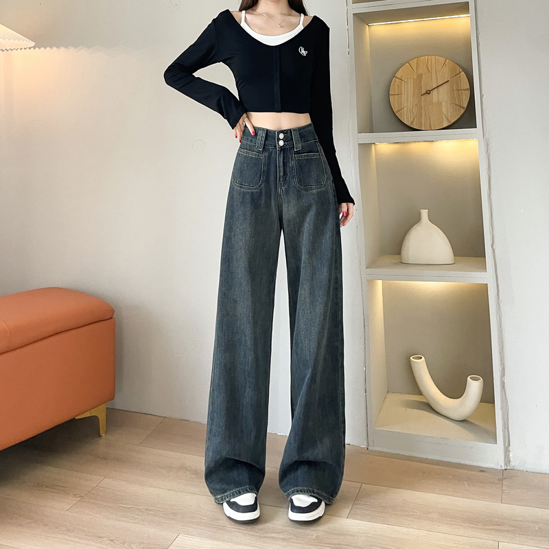 實拍2026春季小個子牛仔褲女高腰窄版闊腿褲直筒褲長褲