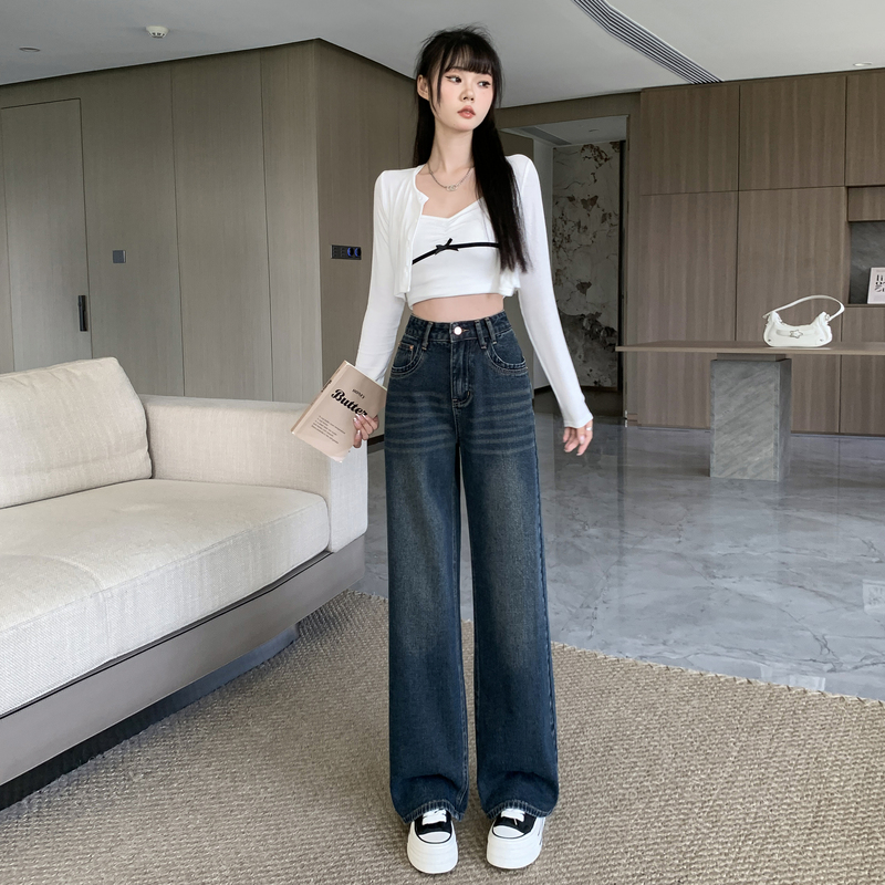 實拍2026春季牛仔褲女不對稱直筒褲小個子闊腿褲顯高長褲