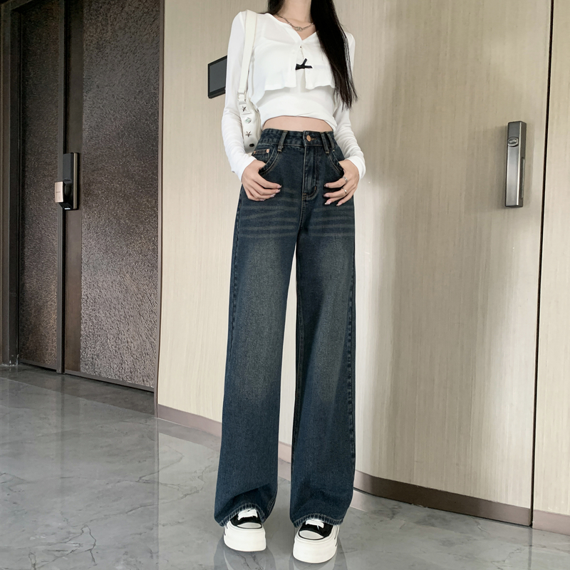實拍2026春季牛仔褲女不對稱直筒褲小個子闊腿褲顯高長褲