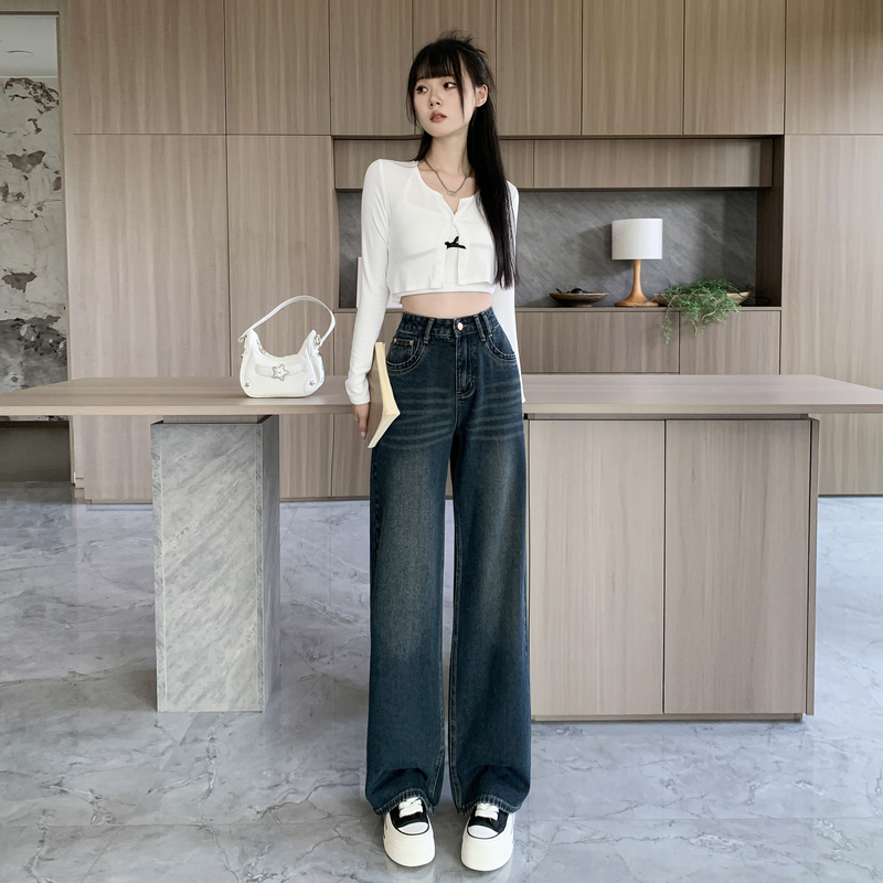 實拍2026春季牛仔褲女不對稱直筒褲小個子闊腿褲顯高長褲