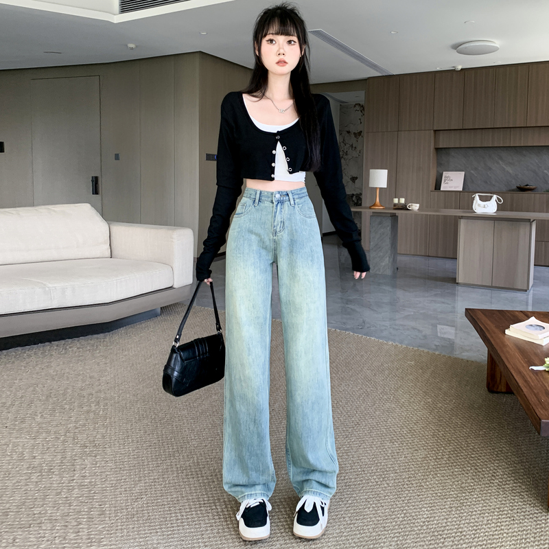實拍2026春季淺色牛仔褲女闊腿褲小個子直筒褲顯高九分褲