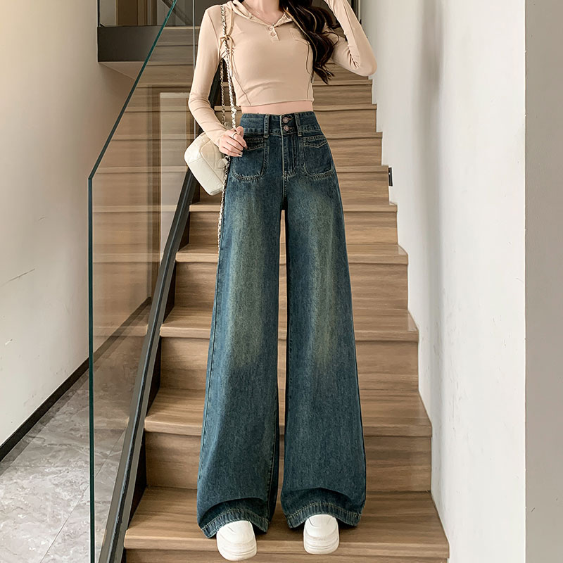 實拍2026春季彈力牛仔褲女小個子喇叭褲復古藍高腰長褲