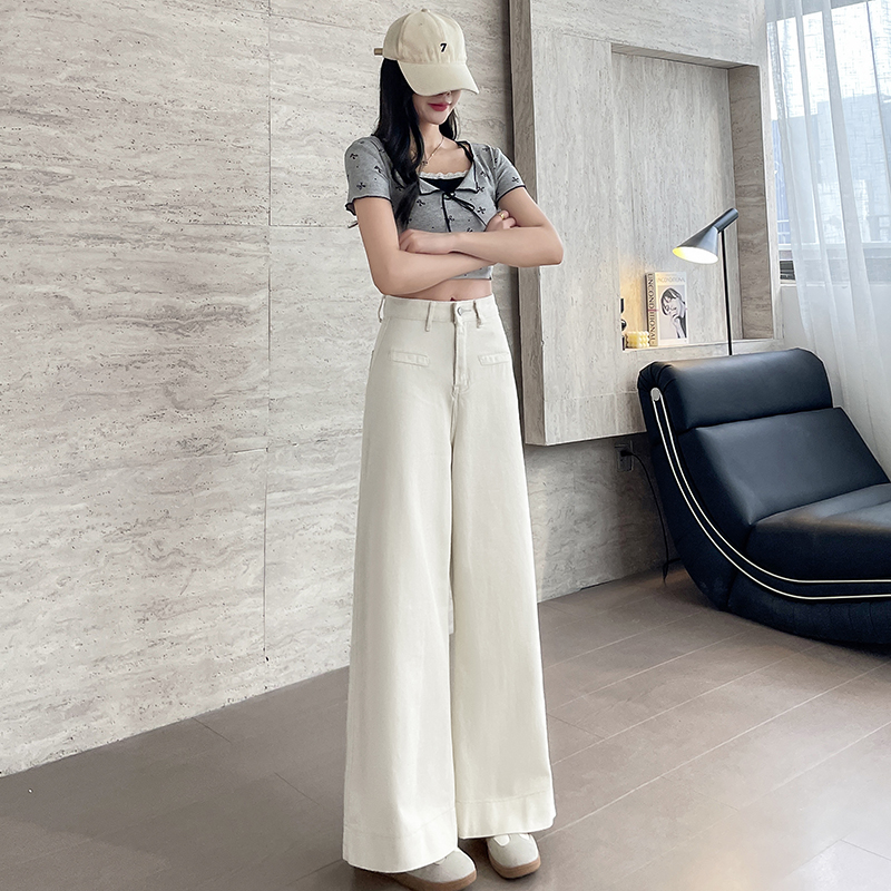 實拍2026春季杏色牛仔褲女小個子喇叭褲假口袋拖地褲高腰長褲