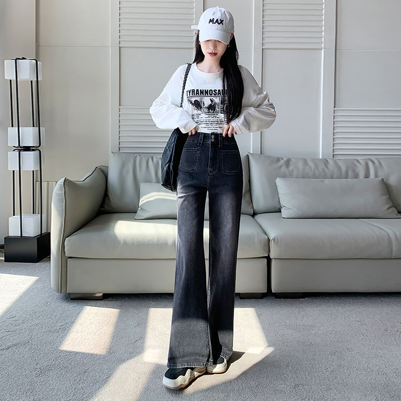 實拍2026春季彈力煙灰色牛仔褲女小個子喇叭褲高腰九分褲