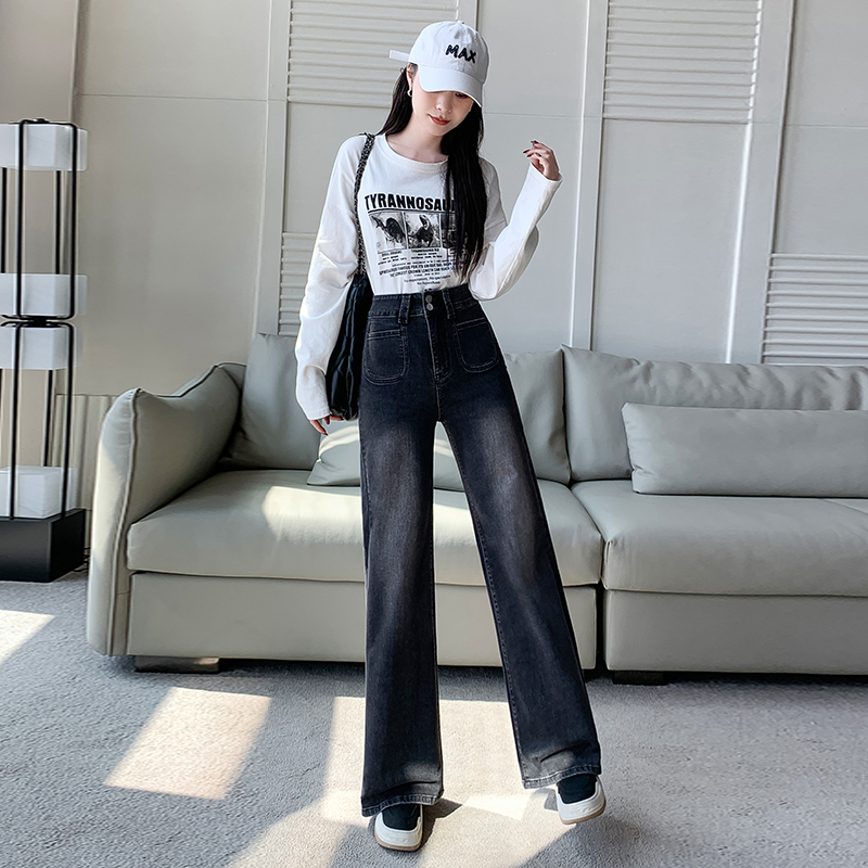 實拍2026春季彈力煙灰色牛仔褲女小個子喇叭褲高腰九分褲