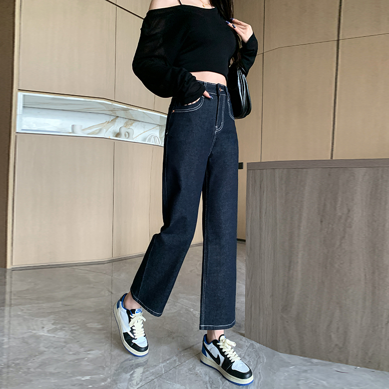 實拍2026春季小個子丹寧藍不掉色牛仔褲女直筒褲闊腿褲九分褲