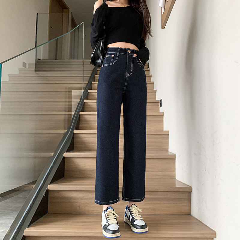 實拍2026春季小個子丹寧藍不掉色牛仔褲女直筒褲闊腿褲九分褲