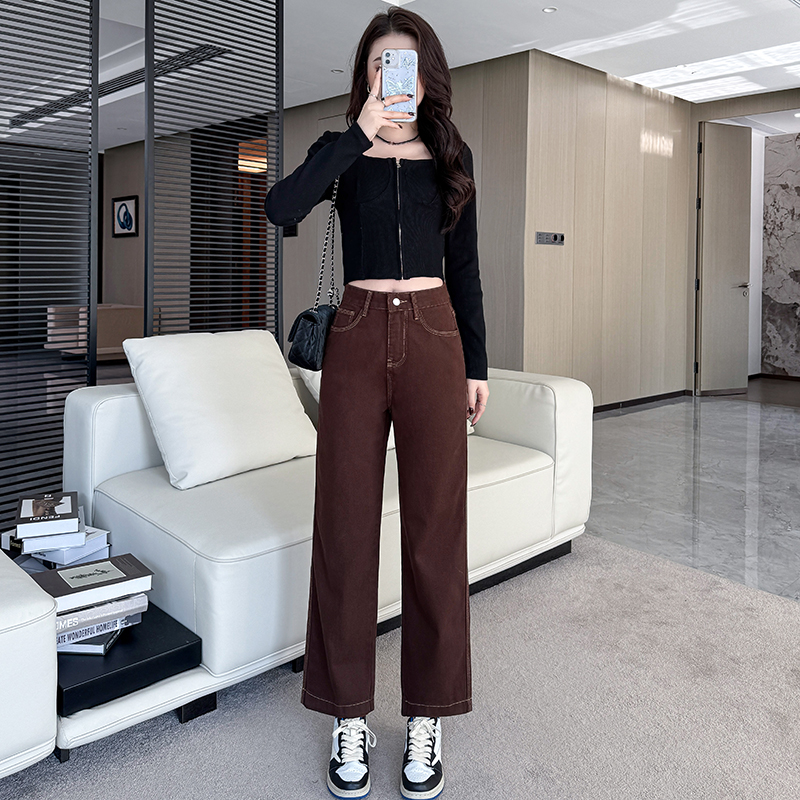 實拍2026春季板栗棕小個子牛仔褲女直筒褲顯高闊腿褲