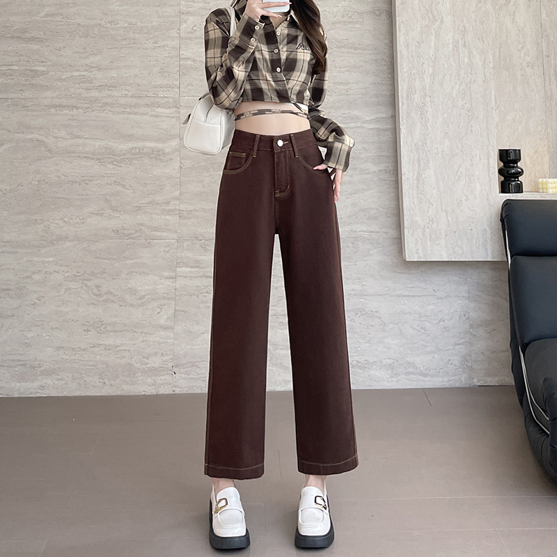 實拍2026春季板栗棕小個子牛仔褲女直筒褲顯高闊腿褲
