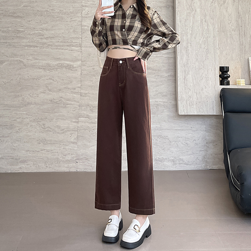 實拍2026春季板栗棕小個子牛仔褲女直筒褲顯高闊腿褲