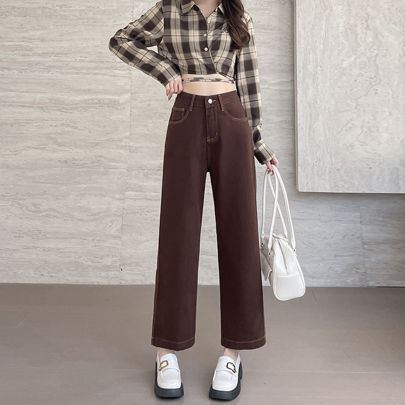 實拍2026春季板栗棕小個子牛仔褲女直筒褲顯高闊腿褲