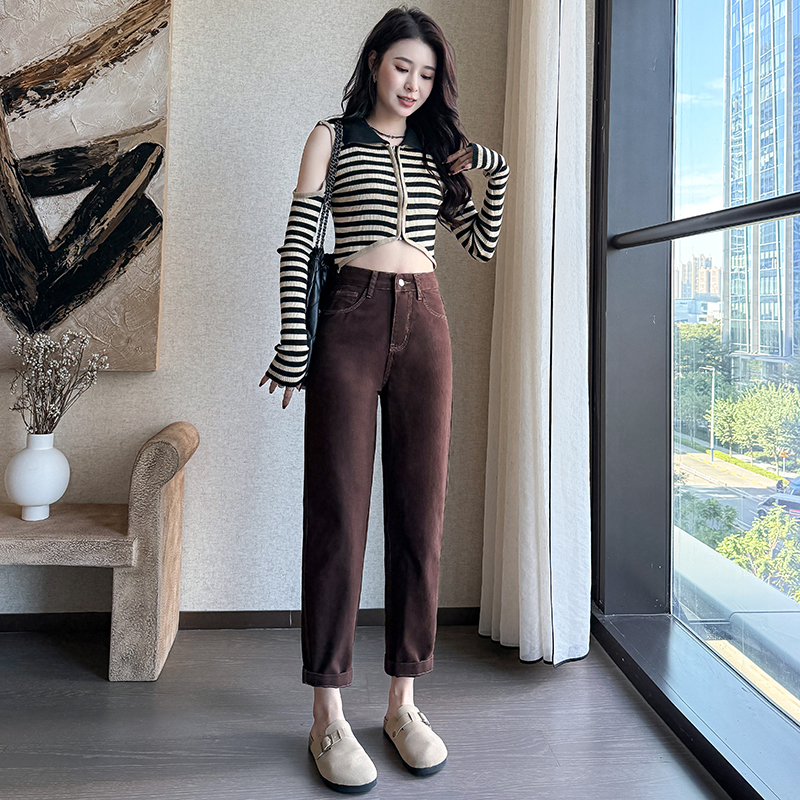 實拍2026春季小個子咖色牛仔褲女高腰哈倫褲顯瘦蘿卜褲