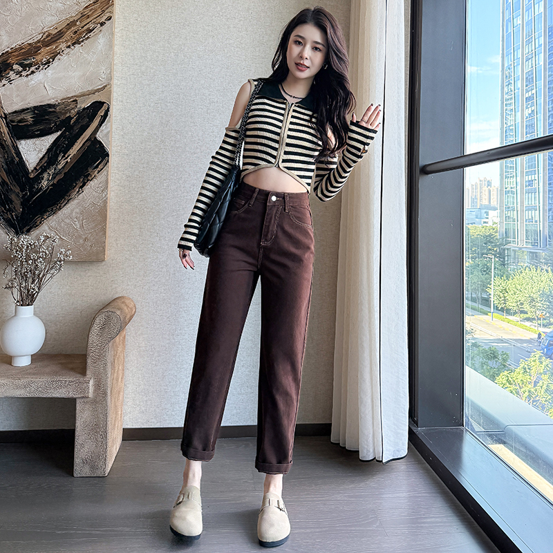 實拍2026春季小個子咖色牛仔褲女高腰哈倫褲顯瘦蘿卜褲