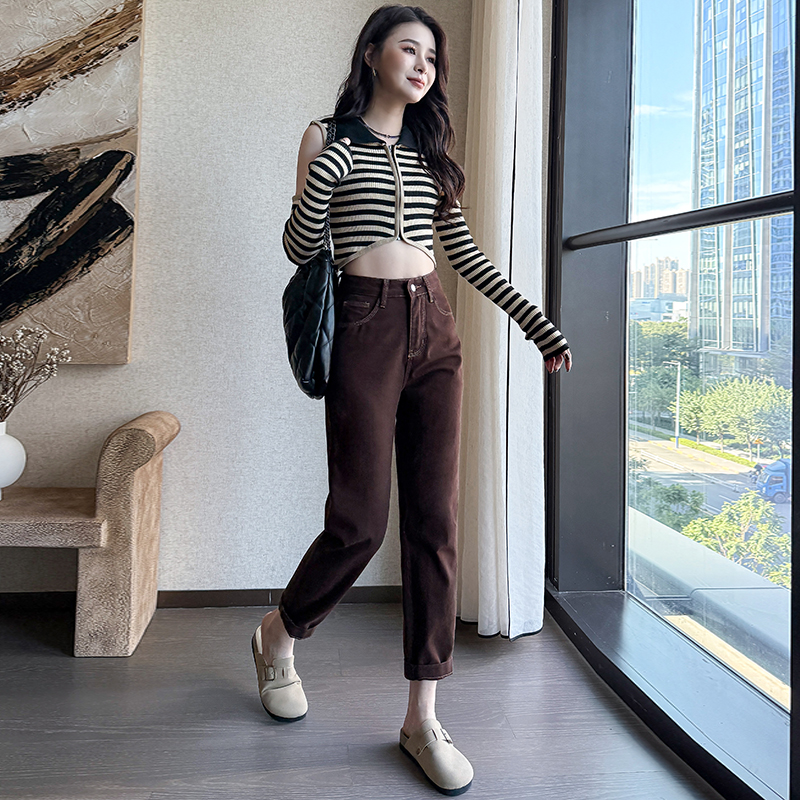 實拍2026春季小個子咖色牛仔褲女高腰哈倫褲顯瘦蘿卜褲
