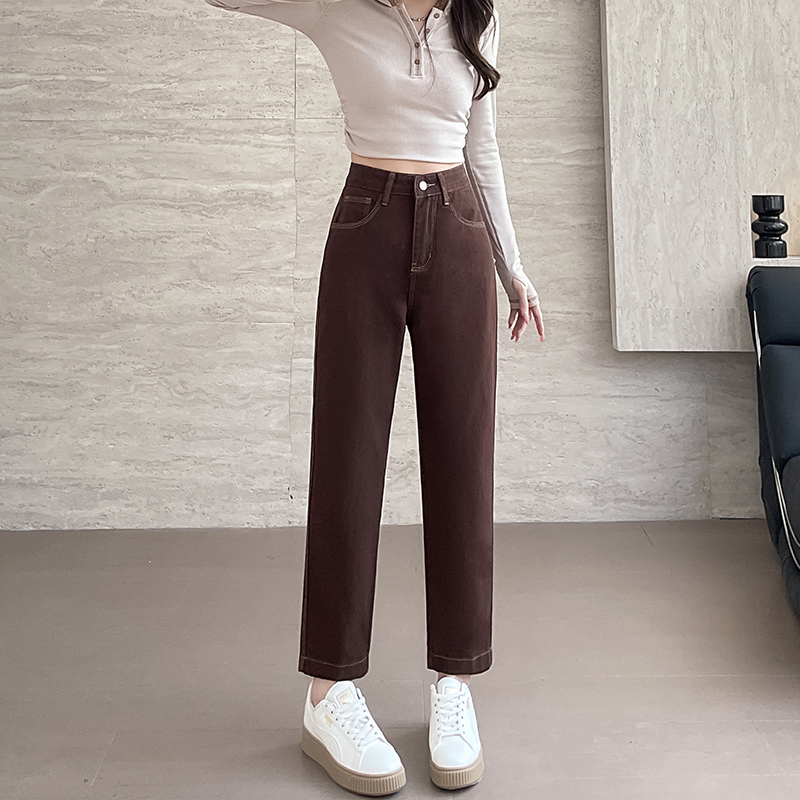 實拍2026春季小個子咖色牛仔褲女顯高哈倫褲高腰蘿卜褲