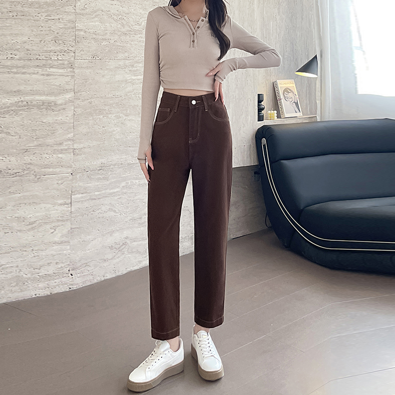 實拍2026春季小個子咖色牛仔褲女顯高哈倫褲高腰蘿卜褲