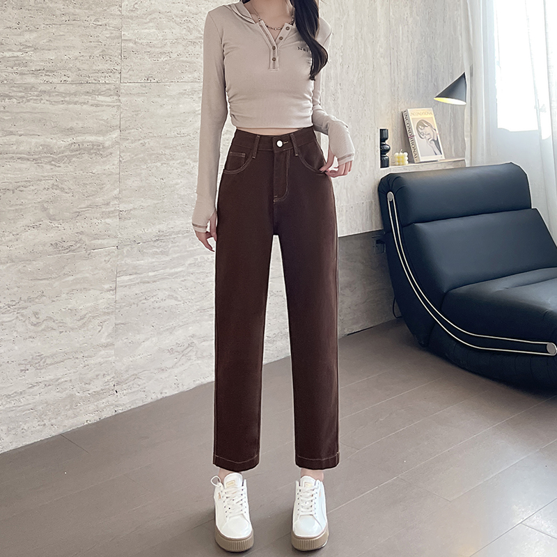 實拍2026春季小個子咖色牛仔褲女顯高哈倫褲高腰蘿卜褲