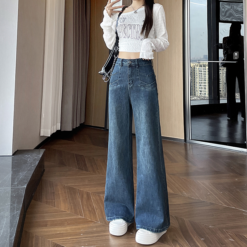 實拍2026春季小個子彈力牛仔褲女設計款寬松型闊腿褲喇叭褲