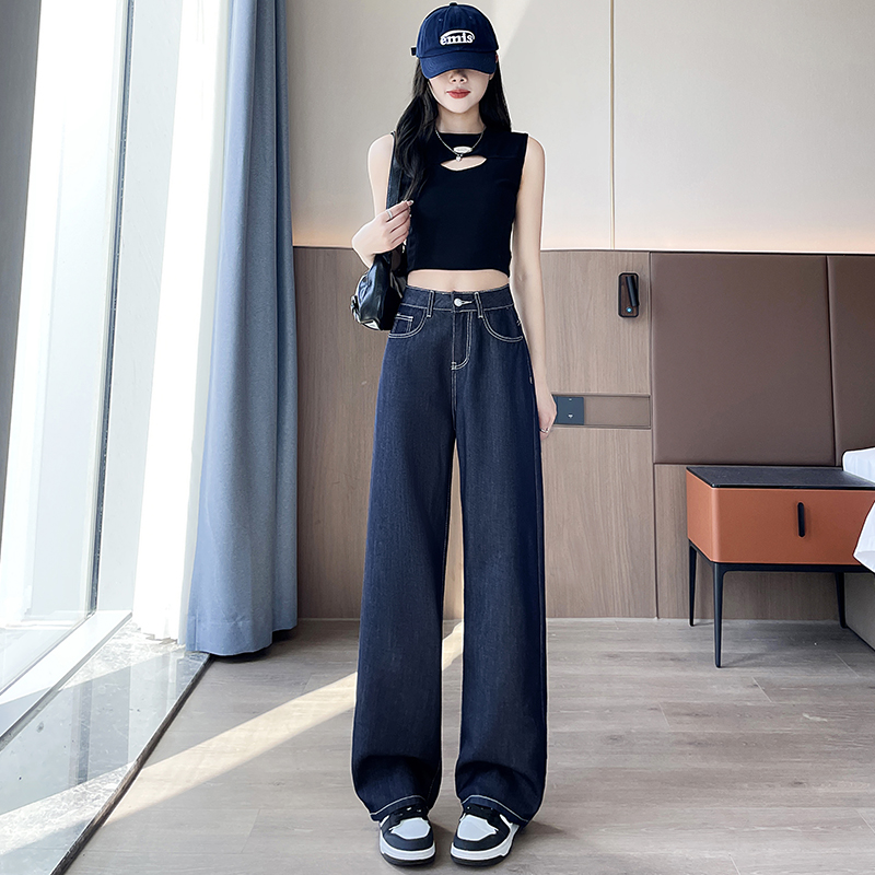 實2026春季丹寧藍小個子牛仔褲女顯高闊腿褲垂感直筒褲150