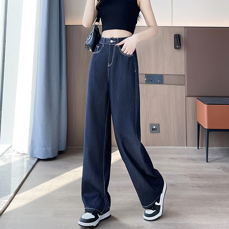 實2026春季丹寧藍小個子牛仔褲女顯高闊腿褲垂感直筒褲150