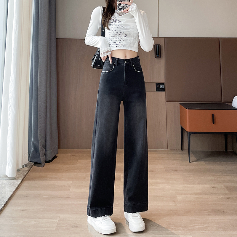 實拍2026春季小個子彈力刺繡牛仔褲女寬松型直筒褲九分褲